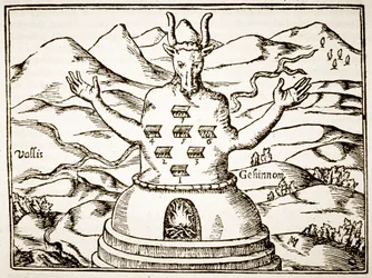 Moloch, kopi af en illustration fra Oedipus Aegyptiacus af Athanasius Kirchner, Rom 1652, brugt i en magihistorie, udgivet sidst i det 19. århundrede