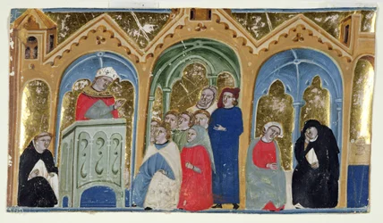 Ms. 400-2000: Miniature fra Gratians Decretum, der viser en biskop, der prædiker for en menighed, ca. 1325-30