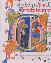 Ms 559 f.298v Historikert initial G, der skildrer St. Dominic, der opretholder kirken og drømmen om pave Honorius III (1216-27) fra Psalter H fra San Marco e Cenacoli