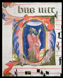 Ms 570 f.105r Historikert initial D, der forestiller kong David i bøn