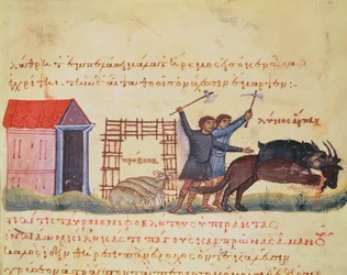 Ms Grec 479 Shepherds Chasing Wolves, illustration fra Cynegetica af Oppian (tempera på vellum)