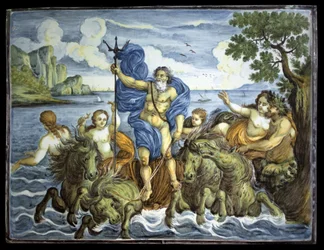 Neptun på sin tank og med en trefork. Rektangulær plade, dekoration af stor polykrom ild, lavet i Castelli, Italien