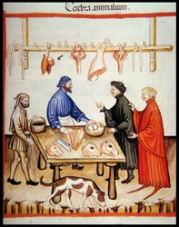 Nova 2644 fol.77r Slagterbutik, salg af hjerner, fra Tacuinum Sanitatis Codex Vindobonensis