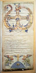 Side af et pavebrev, der indeholder bønner og ceremonier, der skal udføres af Eveque (Ms.724/1-Carta3) Et manuskript fra det 10. århundrede. Rom, Biblioteca Casanatense