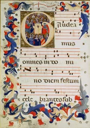 Side med musiknotation med et historisk initialt G, der viser en gruppe helgener med St. Ursula i midten, Bolognese Skole