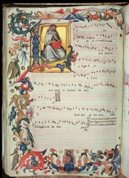 Side med musikalsk notation med en historisk initial, fra Squarcialupi Codex, produceret i det florentinske kloster S. Maria degli Angeli (vellum)
