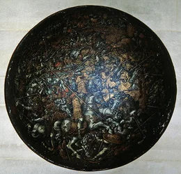 Pageant Shield med scener fra romersk historie (malet træ)