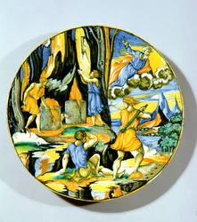 Plade, der forestiller Kain, der dræber Abel, Rimini, midten af det 16. århundrede (maiolica)
