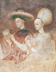 Leg med tarotkort, scene fra spil-cyklussen, ca 1445-1450, fresco, Palazzo Borromeo, Milano, Lombardiet, Detail, Italien