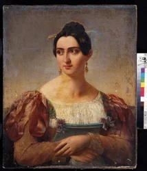 ""Portræt af en kvinde"" (Kvindeportræt) Ung kvinde af den italienske adel, klædt i en kjole med bånd på skuldrene. Maleri af den italienske skole fra begyndelsen af ​​1800-tallet. Pushkin Museum, Moskva