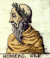 Portræt af Homer (9. århundrede f.Kr.). Gravering af 1560 fra Atlas of Urbano Monte