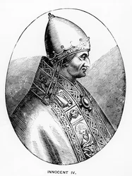 Portræt af pave Innocentius IV (d.1254) illustration fra videnskab og litteratur i middelalderen og renæssancen, skrevet og indgraveret af Paul Lacroix, 1878