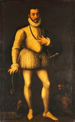 Portræt af en gentleman, i fuld længde, iført en broderet hvid jerkin, en kappe og et sværd, ca. 1580