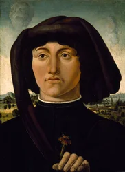 Portræt af en ung mand med en lyserød blomst, ca. 1475-85 (tempera på træ)