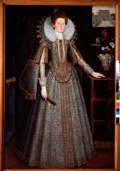Portræt af en dame af den florentinske adel Derriere hende en repræsentation af Pitti-paladset, hun er klædt i en rigt paree-kjole og en jordbærkrave i et charettehjul (Portræt af en florentinsk dame med et vognhjul og en rigt udsmykket dr.