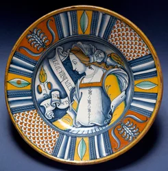 Portræt af en ung dame. Keramiktallerken fra Deruta, Italien. Omkring 1520. Museo Nazionale del Bargello, Firenze, Italien