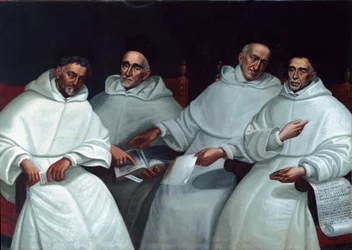 Portræt af inkvisitorerne Michele Sasso, Tommaso Novaro, Vincenzo Regitudine, Ambrogio Roggeri Maleri af Bolognese-skolen. 17. århundrede. Taggia, San Domenico kloster