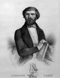 Portræt af den italienske komponist Giuseppe Verdi (1813 - 1901) i 1844 med partituret til operaen "" I due foscari"".