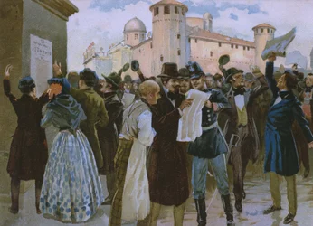 Proklamation af resultaterne af folkeafstemningen den 4. marts 1848 før Palazzo Reale i Torino, illustration fra et album om Risorgimentos historie lavet til chokoladen Talmone, slutningen af det 19. århundrede