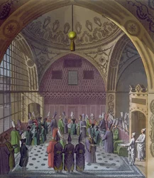 Modtagelse af de vestlige ambassadører af sultanens storvesir i Konstantinopel, ca. 1820 (farvegravering)