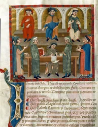 Repræsentation af et Notarstudiekontor Side taget fra Matricola del Consorzio dei Notai di Perugia (ms. 972) (Register of the Order of Notaries) 1343-1354 Perugia, Biblioteca Comunale Augusta