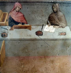 Repræsentation af en kamerlingvist, assistent for en afskriver Anonymt maleri på træ af en Biccherna (omslag af regnskabsregisteret for byen Siena) 1388. Siena Archivio di Stato, Italien