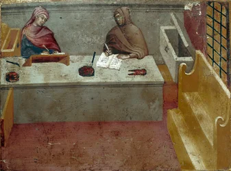 Repræsentation af en kamerlingvist, assistent for en afskriver Anonymt maleri på træ af en Biccherna (omslag af regnskabsregisteret for byen Siena) 1388. Siena Archivio di Stato, Italien