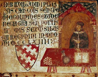 Repræsentation af en kameralingvist, der sidder på sit kontor. Anonymt maleri på træ af en Biccherna (forsiden af Siena bys regnskabsregister) 1250. Siena Archivio di Stato, Italien