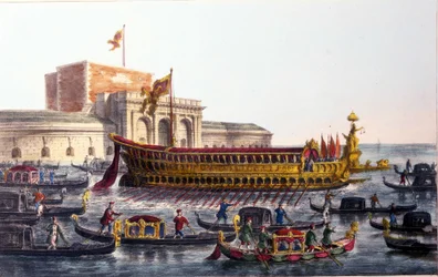 Repræsentation af Bucentaur. (Bucentoro) På Kristi Himmelfartsdag krydsede dogen Venedig-lagunen for at nå mundingen af det åbne hav ombord på et skib kaldet Bucentaur.