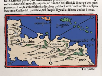 Repræsentation af de caribiske øer og Venezuelas kyster. Isolario (kort over øer) af Benedetto Bordone. Venedig 1547