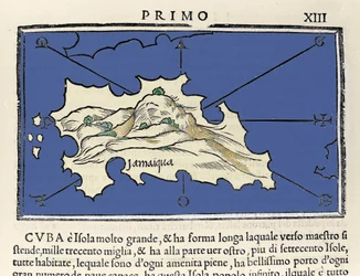 Repræsentation af øen Jamaica. Isolario (kort over øer) af Benedetto Bordone. Venedig 1547