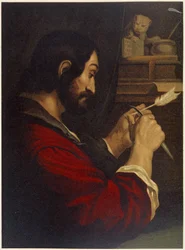 Sankt Markus udskærer en pen - i "Gylden klassisk bibel: historie om guddommelig åbenbaring i det gamle og i den nye stræben" "af Giovanni Ladislao Sykora (bd. 2), oversat af Don Clemente Benetti. (italiensk bibel)