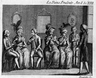 Scene 13 i 1. akt af tegneserien "" La dama prudente"" (Den forsigtige hustru) (1751) af Carlo Goldoni (1707-1793). Stik af det 18. århundrede