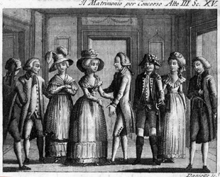 Scene 15 i akt III af tegneserien "" Il matrimonio per concorso"" af Carlo Goldoni (1707-1793). Indgravering af det 18. århundrede.