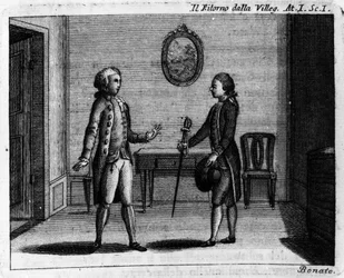 Scene 1 i akt I af tegneserien "" Ritorno della villeggiatura"" (Byens tilbagevenden) (1761) af Carlo Goldoni (1707-1793). Indgravering af det 18. århundrede