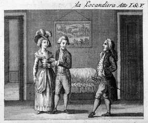 Scene 5 i 1. akt af stykket "La locandiera"" (1753) af Carlo Goldoni (1707-1793). Indgravering af det 18. århundrede