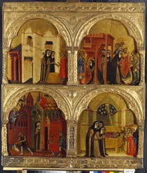 Scene fra Saint Juliennes liv. Maleri af en venetiansk mester, tempera på træ, anden halvdel af det 14. århundrede. Italiensk kunst, middelalder, gotisk kunst. State Hermitage, Sankt Petersborg.