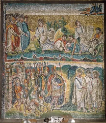Scener fra Josvas Bog: Indtagelsen af Jeriko, De syv præster, der bærer Pagtens Ark (mosaik)