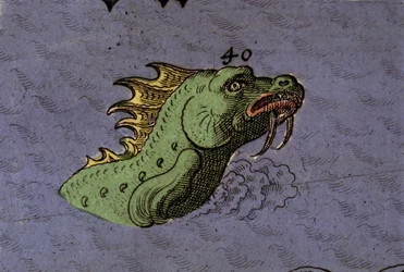 Sømonster: repræsentation af en søslange. Detalje af et kort over Atlas of Urbano Monte