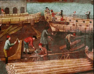 Skibsværft i Venedigs arsenal Detail - Maleri af den venetianske skole - 1700-tallet - Venedig, Correr museum