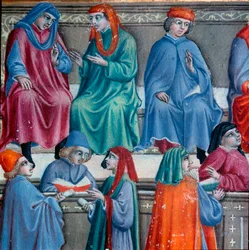 Sienesiske købmænd. Detalje af en miniature taget fra Statuto della Mercanzia”, manuskript af handelslovgivning i Siena. 1342. Statsarkivet i Siena.