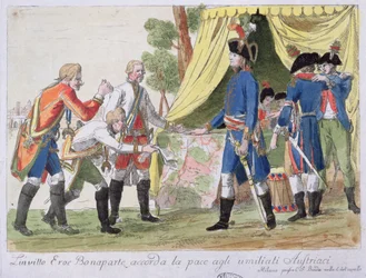 Underskrivelse af Campo Formio-traktaten mellem Frankrig (repræsenteret af Bonaparte) og Østrig (repræsenteret af Cobenzl) i 1797