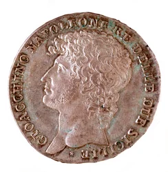 Sølvmønt (piastra) fra Napoli: Joachim Murat (1767-1815) konge af Napoli. 1810 Diam. 3,7 cm Napoli, museo archeologico