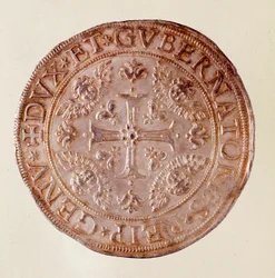 Sølvmønt fra Republikken Genova (gener) med korset. 1670. Diam. 5,8 cm Napoli, museo archeologico