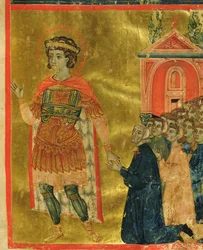 Nogle brødre, der beder til St. Theodore, fra en Mariegola, 1350 (blæk & bladguld på vellum)