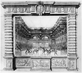 Scenedesign af Giacomo Torelli (1608-78) for la Finta Pazza opført i 1645 på Theatre Petit Bourbon i Paris, 1654