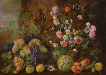 Stilleben af frugter og blomster
