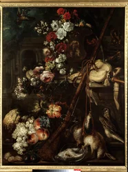 Stilleben af blomster, vildt og riffel Maleri af den italienske skole fra det 17. århundrede - søn 1,18x0,91 m Bayonne, Musee Bonnat