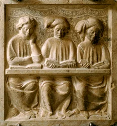Studerende, der følger et kursus. (Lavt marmorrelief, begyndelsen af det 14. århundrede)