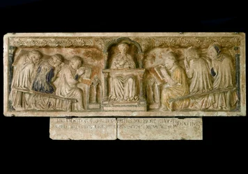 Studerende følger Bonifacio Galluzzis kursus (Grave slab, ca. 1346)